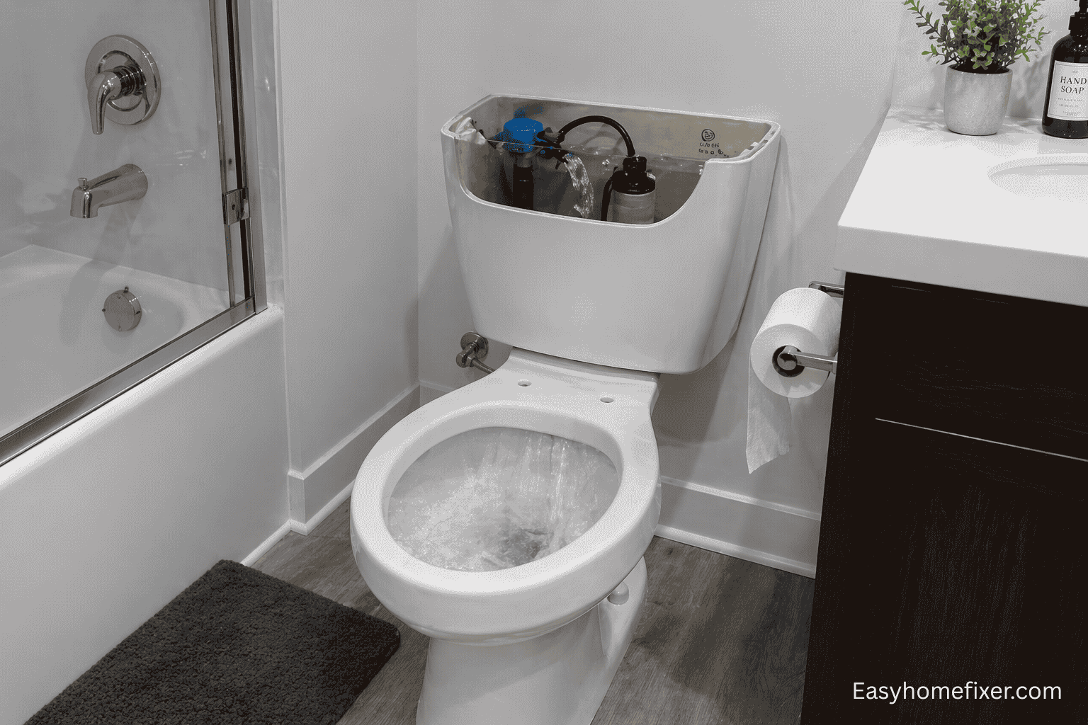 Water flowing into overflow tube inside toilet tank